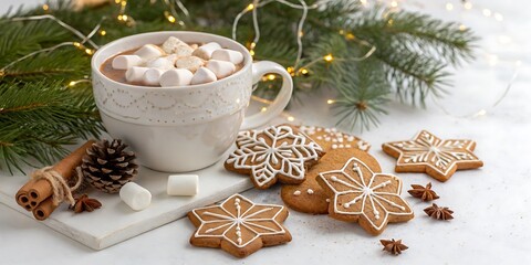 White mug with marshmallows and a cup of hot chocolate