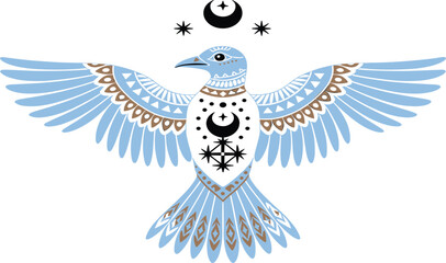 Stylized flying bird with tribal and celestial decorations, bohemian spiritual magic symbol, isolated vector illustration design