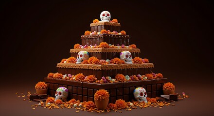 a grand, multi-tiered Ofrenda (Altar) structure made entirely out of dark chocolate and candy, intricately decorated with edible sugar skull details and edible marigolds. 