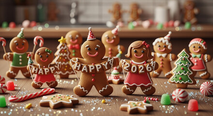 Delightful gingerbread cookies spelling out happy 2026, arranged on a wooden table with festive candies and christmas tree cookies, creating a warm holiday atmosphere