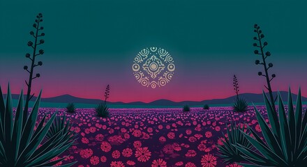 a landscape composed of stylized maguey (agave) plants and blooming Cempas&uacute;chil fields, under a deep teal and purple sky with a prominent, decorated moon in the center. 