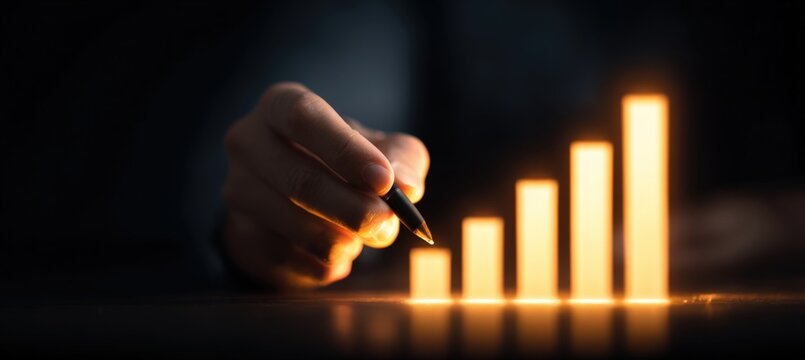 Person Drawing Glowing Bar Graph on Dark Background in Cinematic HDR Style