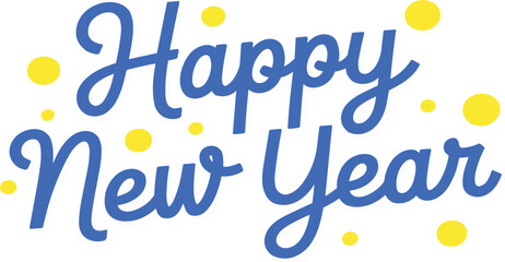 Playful blue brush script "Happy New Year" lettering with yellow confetti dots, festive holiday greeting, isolated vector design element