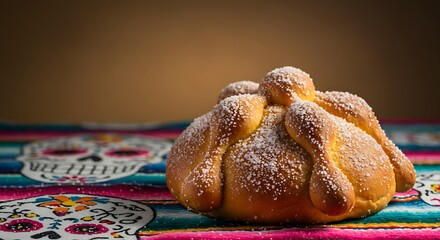 traditional Mexican Pan de Muerto bread, dusted generously with sugar, sitting on a colorful, woven sarape (textile) with a subtle, out-of-focus sugar skull pattern in the background.