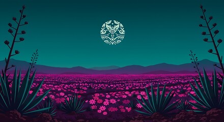 a landscape composed of stylized maguey (agave) plants and blooming Cempas&uacute;chil fields, under a deep teal and purple sky with a prominent, decorated moon in the center. 