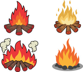 Set of four cartoon campfire icons, burning wood logs, outdoor heat, camping survival element, isolated vector illustration