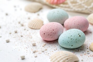 Four eggs with pink, blue, and white colors