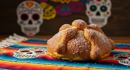 traditional Mexican Pan de Muerto bread, dusted generously with sugar, sitting on a colorful, woven sarape (textile) with a subtle, out-of-focus sugar skull pattern in the background.