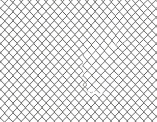 Fototapeta premium Geometric pattern of gray chain-link fence against a white background with a single gap