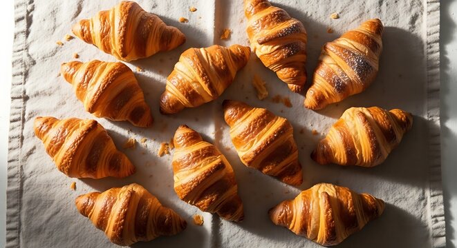 Delicious Freshly Baked Croissants on a Rustic Linen Background Perfect for Breakfast or Brunch Featuring Golden Brown Pastries - Powered by Adobe