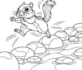 Chipmunk hopping across river stones art