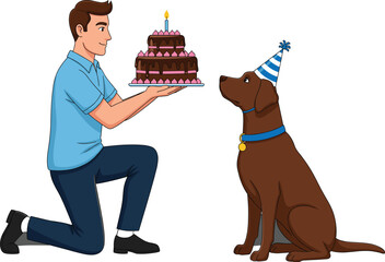 Man giving birthday cake to dog wearing party hat, pet celebration, animal birthday, love, isolated vector illustration
