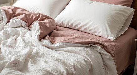 Cozy and inviting unmade bed with soft pink and white linens and pillows