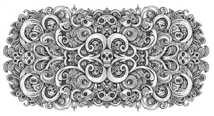 a complex, symmetrical scrollwork design filling the 16:9 frame, incorporating hidden small Calaveras, candles, and Cempas&uacute;chil blooms within the swirling patterns. Dotwork and fine line technique, 