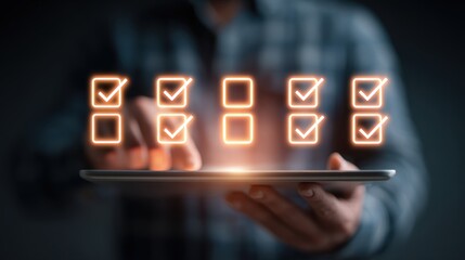 Futuristic Productivity Concept with Glowing Checkboxes and Tablet