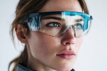 Female engineer in futuristic safety glasses working on innovative designs in a lab setting