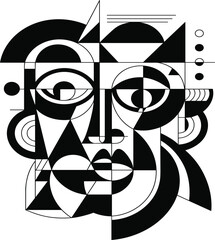 Abstract geometric face in Cubist style, modern black and white minimal artistic portrait, identity, isolated vector illustration