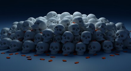 a pile of hundreds of perfectly stacked, simple, white ceramic sugar skulls, casting long shadows under a cold, blue moonlight, with only a few scattered orange Cempas&uacute;chil petals for color contrast. 