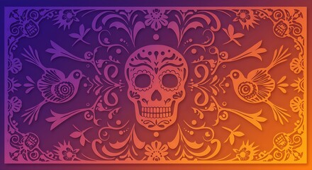 a central Calavera motif surrounded by symmetrical floral and bird cutouts, with a vibrant, gradient background that transitions from deep purple to sunset orange. Shadow effect, clean vector edges, 
