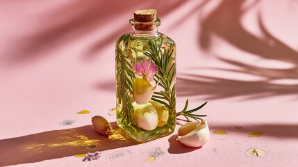 Delicious garlic infused olive oil with rosemary and flower in a glass bottle for gourmet cooking and culinary inspiration