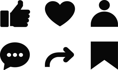 Social media interaction icons set, like, heart, comment, share, save, profile, engagement, isolated black silhouette vector
