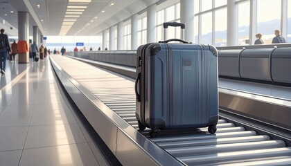 Suitcase on conveyor, bright airport interior