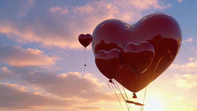 Red heart balloon flying high in the blue sky symbolizes love and romance