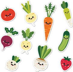 Cute kawaii cartoon vegetable and fruit stickers set, cheerful healthy food illustration, isolated flat vector collection
