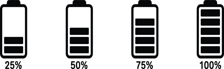 Battery charge level icons set, four power status indicators 25% to 100%, energy technology, isolated vector illustration