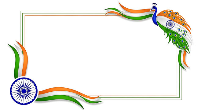 Decorative indian flag border with peacock and ashoka chakra on white background