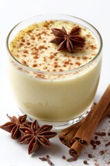 Eggnog drink with star anise and cinnamon, vertical