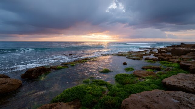 Serene yet dramatic sunset casts warm light over a rugged coastal landscape with tide pools and vibrant green moss