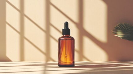 Minimalist Amber Bottle with Natural Oil on Beige Surface with Window Shadows