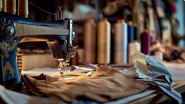 Vintage Sewing Machine at Work: A close-up view of an antique sewing machine on a work surface, showcasing the detailed craftsmanship, with thread spools and fabrics adding to the ambiance.