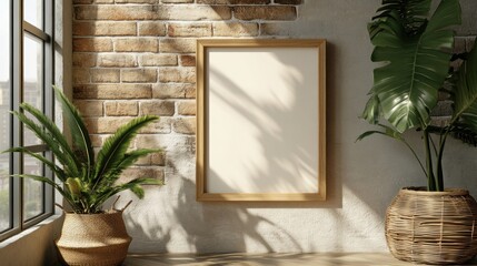 Interior Room with Blank Frame, Lush Plants, and Sunlit Shadows