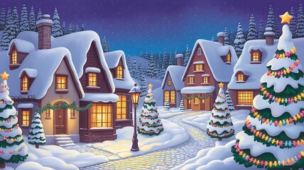 Charming snow covered village with illuminated houses and decorated christmas trees at twilight