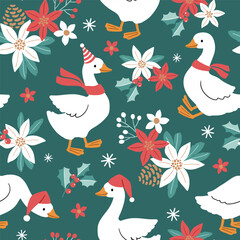 Seamless vector pattern with cute Christmas goose. Hand drawn Christmas duck with winter scarf and hat. Perfect for textile, wallpaper or nursery print design. 