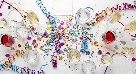 Festive celebration with colorful confetti streamers and empty champagne glasses scattered on white background