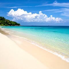 Fototapeta premium Pristine beach scene featuring white sand, clear turquoise water, a vibrant blue sky with fluffy white clouds, and lush green vegetation