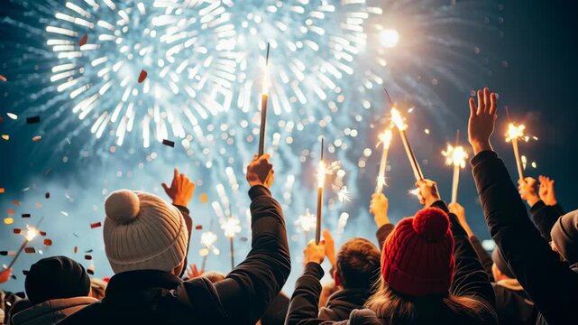 Family watching fireworks christmas new year celebration outdoors night with sparklers and confetti creating joyful glowing atmosphere family watching fireworks festive Christmas and new year