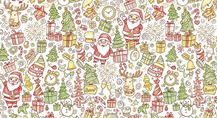 Whimsical hand drawn christmas pattern featuring santa claus christmas trees and gifts in festive colors