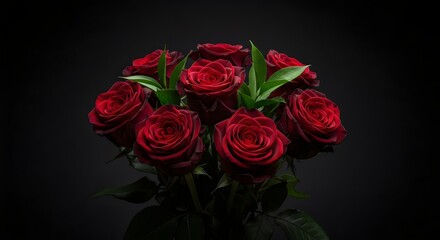 "Beautiful red roses arranged elegantly on dark background, showcasing romantic floral theme suitable for celebration, luxury décor and Valentine aesthetics."
