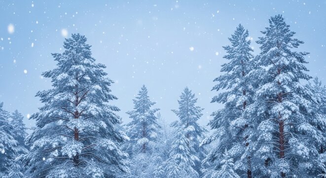 Snowy pine trees in a winter wonderland with gentle snowfall creating a serene and picturesque scene in a cold winter day landscape - Powered by Adobe