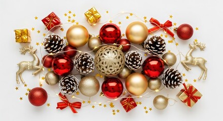 "Red and gold Christmas baubles arranged in neat festive pattern with pinecones, holiday lights and elegant seasonal winter decoration aesthetic."
