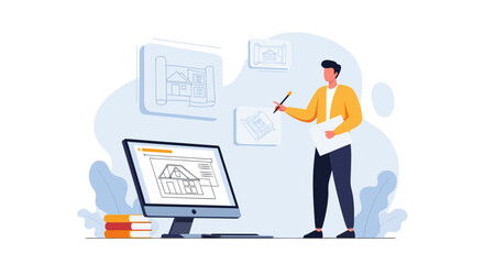 Innovative architect reviewing home blueprints on computer, perfecting design for modern living, a vision of creative construction and stylish architecture