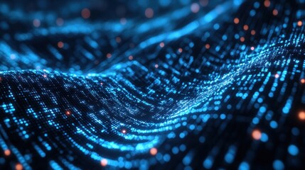 Futuristic Digital Wave of Glowing Blue Particles and Orange Bokeh