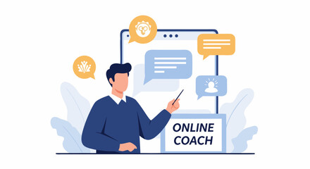 Online coach presenting business strategy with modern virtual tools, offering guidance and support for success, perfect for remote learning and development