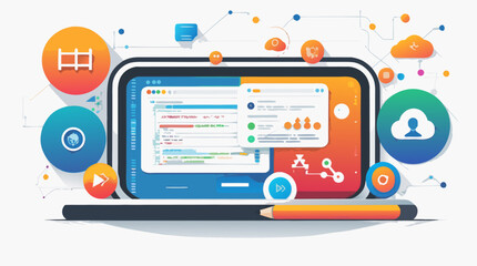 Modern technology interface with innovative app development and cloud data management for digital transformation, originally a scalable vector graphic