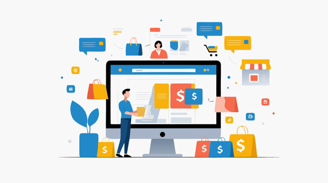 Modern online shopping concept showcasing product browsing, secure checkout, and customer service for a seamless ecommerce experience, originally a vector graphic