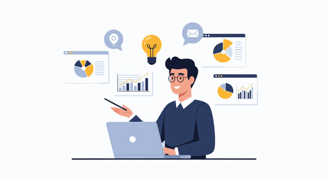 Engaging business presentation with charts and data analytics, innovative modern solutions for financial growth, idea generation, a bright future ahead